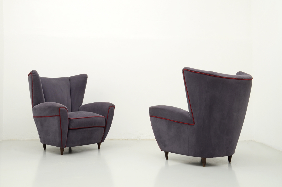 Pair of armchairs, cotton fabric, attr. Paolo Buffa, 1950's.