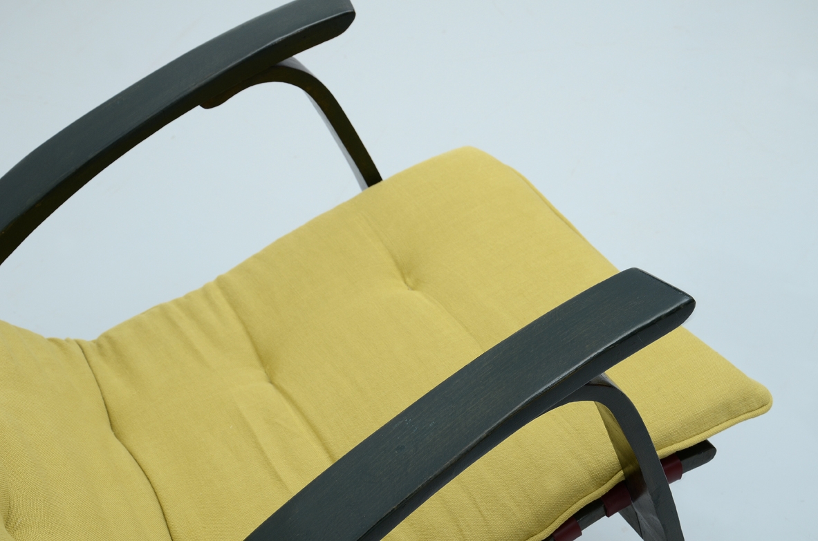 Jan Vanek, stunning pair of easy chairs in bent wood, polished with their original dark green color, Prague 1949.