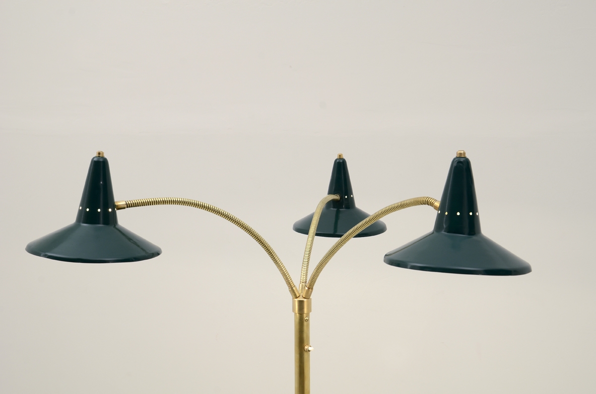 Stilnovo 1950's floor lamp with colored shades and brass structure
