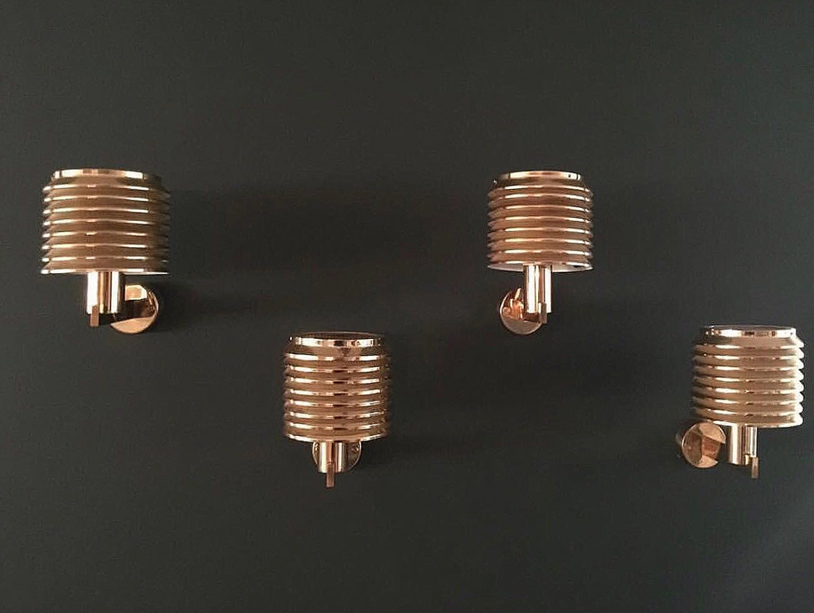 H.Agne Jakobsson, rare set of four V299 1960's wall lights in brass.