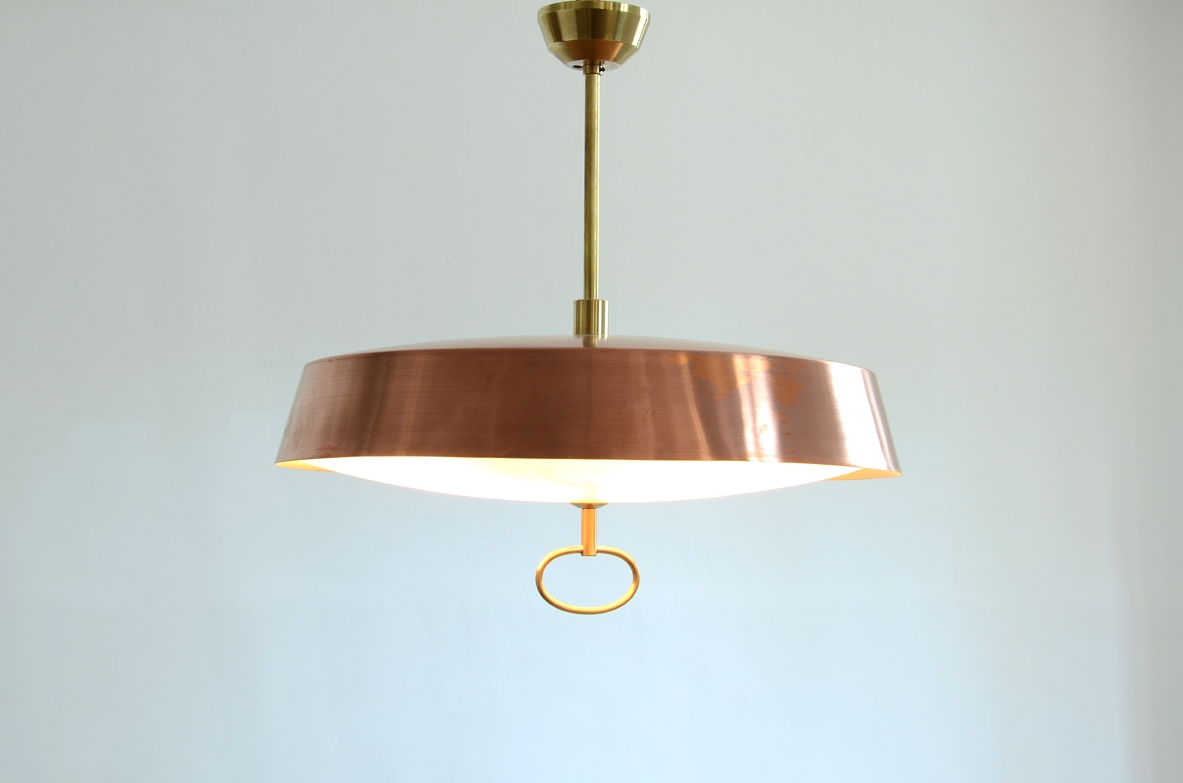 Stilnovo 1950's elegant ceiling lamp in copper and brass.
