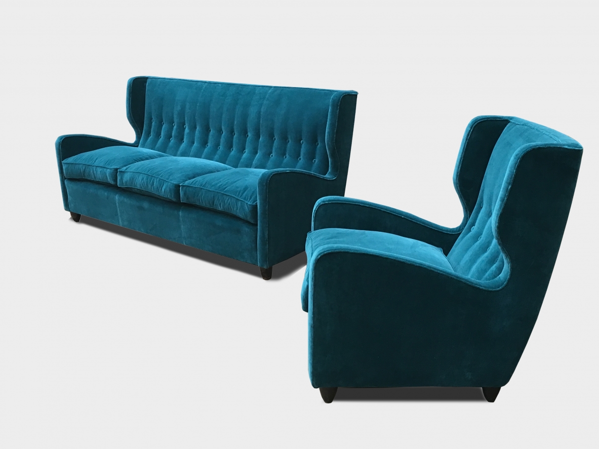 Melchiorre Bega, amazing set composed by a sofa and two armchairs, prod. Bega & C. Bologna 1940ca.