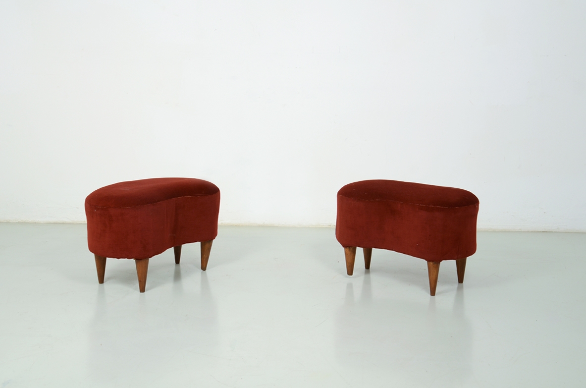 Pair of Italian 1950's bean-shaped stools, covered in velvet.