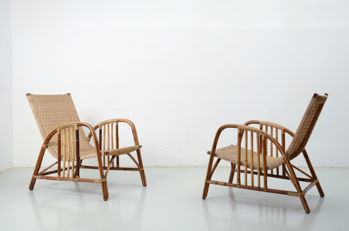 Splendid pair of armchairs with two stools in perfect conditions, Italy 1950's.