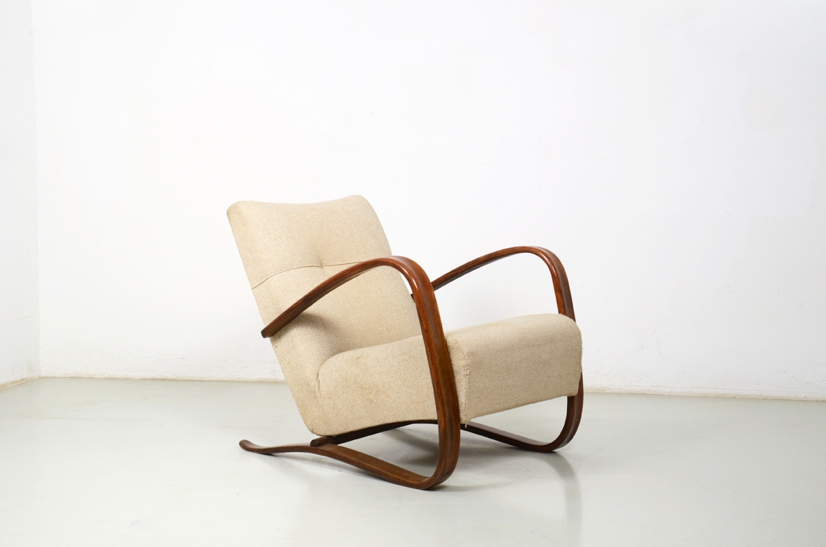 J.Halabala, one stunning armchair in curved wood. Prague 1940's.
