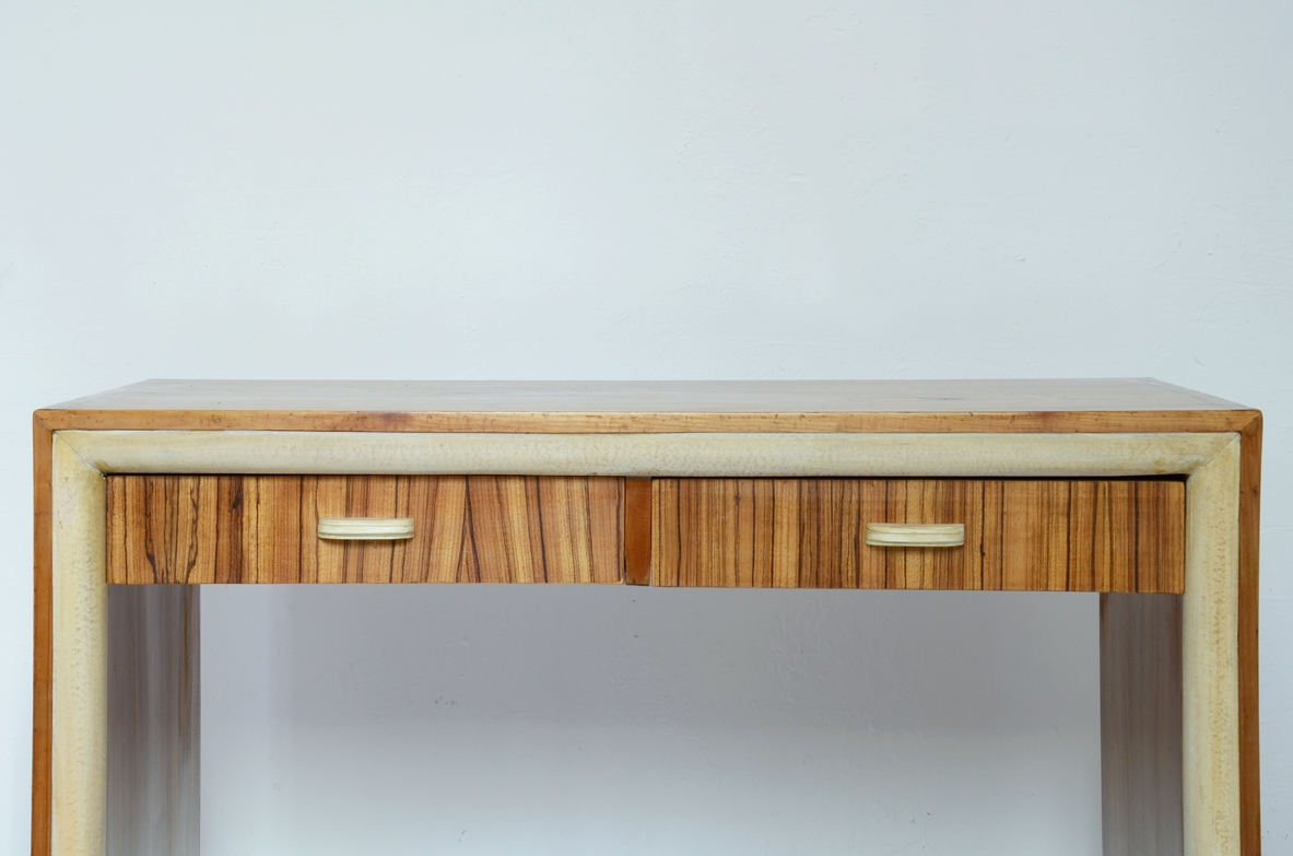 French elegant 1930's desk in zebrano wood and parchment details.