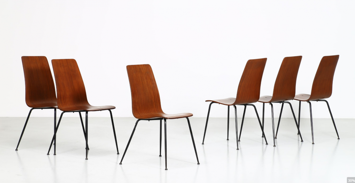 Carlo Ratti, set of six very nice 1950's chairs in wood and metal.