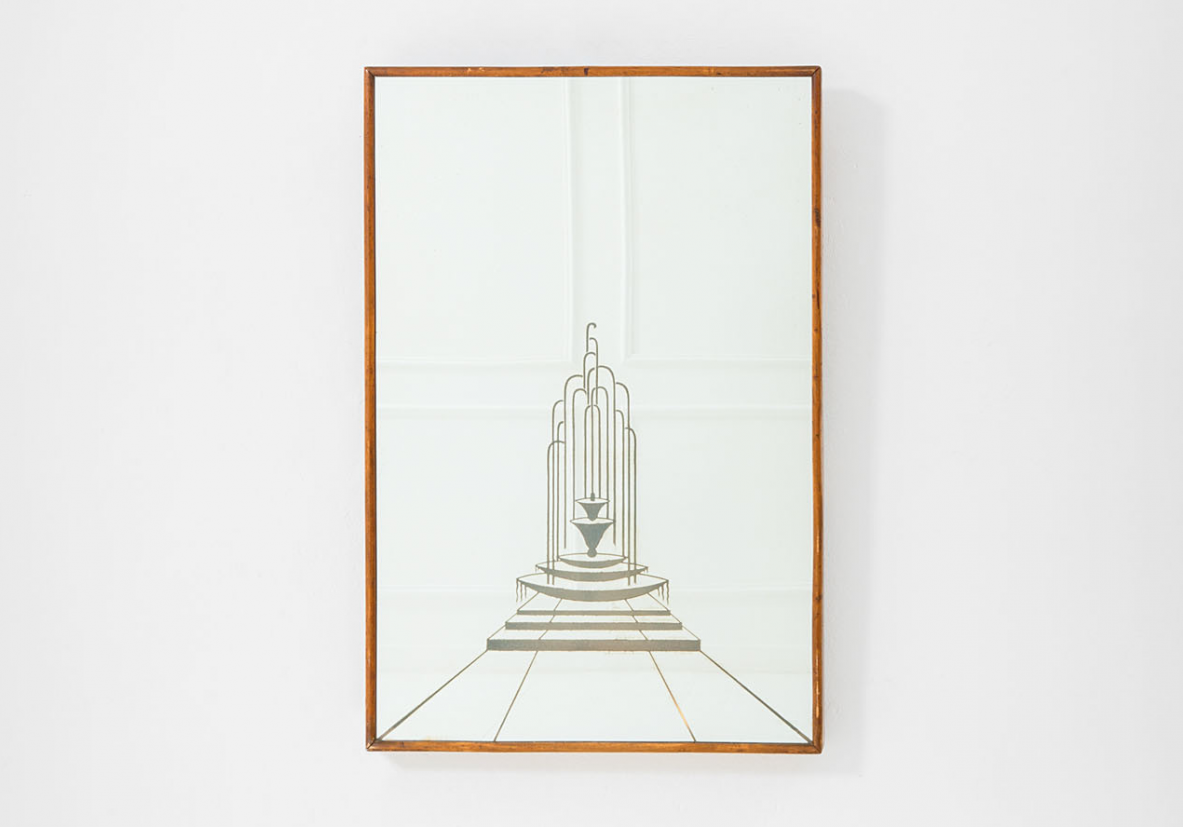 Splendid backlit wall mirror in wood and mirrored decorated crystal. Italy, 1930ca.