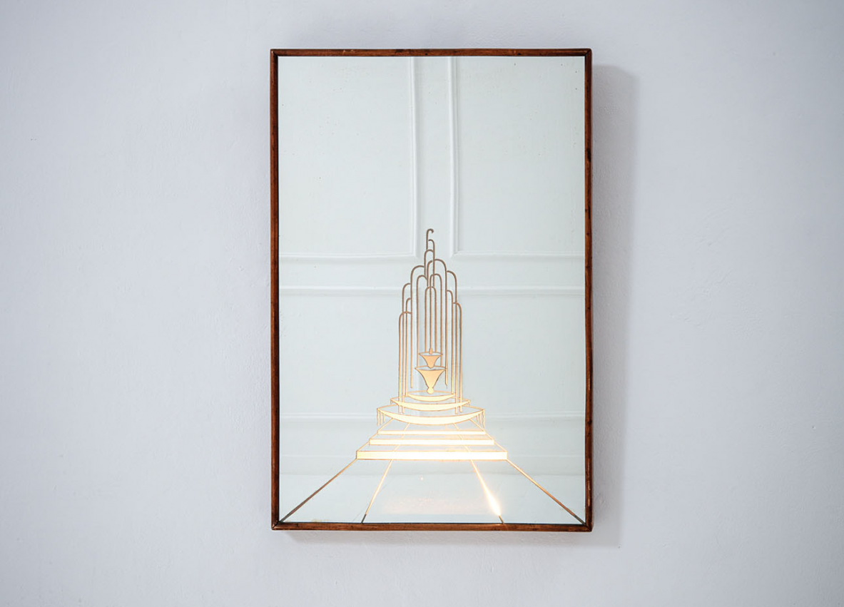 Splendid backlit wall mirror in wood and mirrored decorated crystal. Italy, 1930ca.