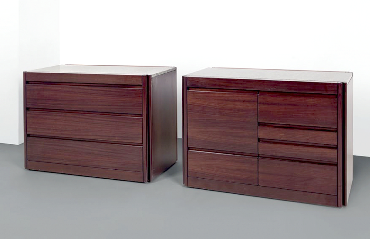 Angelo Mangiarotti pair of sideboards with bar, various drawers and top in green marble, Italy, 1960's.