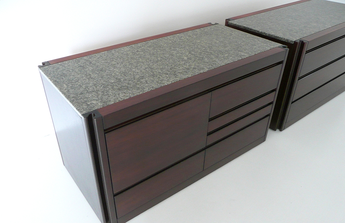 Angelo Mangiarotti pair of sideboards with bar, various drawers and top in green marble, Italy, 1960's.