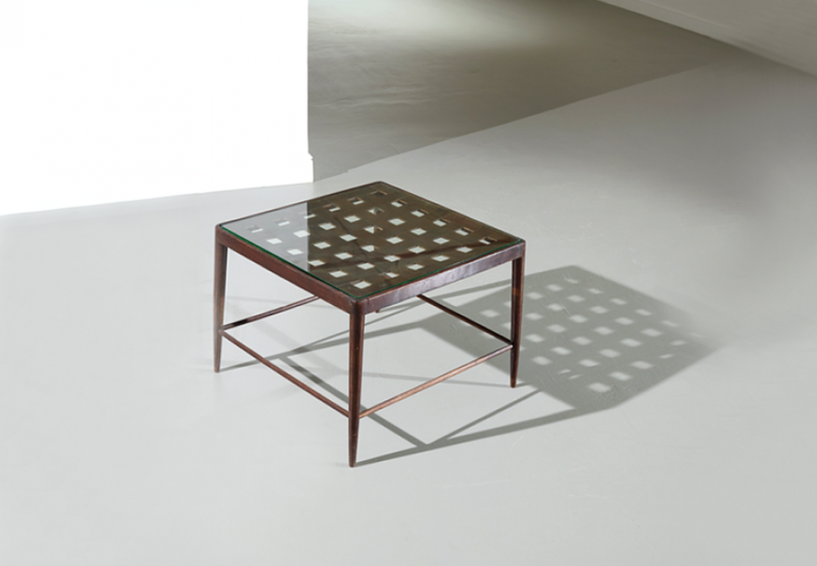 Paolo Buffa, 1950's Coffee table in mahogany with crystal glass top.