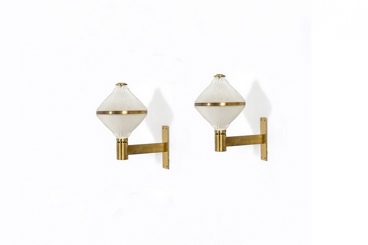 BBPR, Banfi, Belgioioso,Peressutti, Rogers, rare pair of wall lamps in brass and glass. Mod.Polimnia, prod. Artemide 1967.