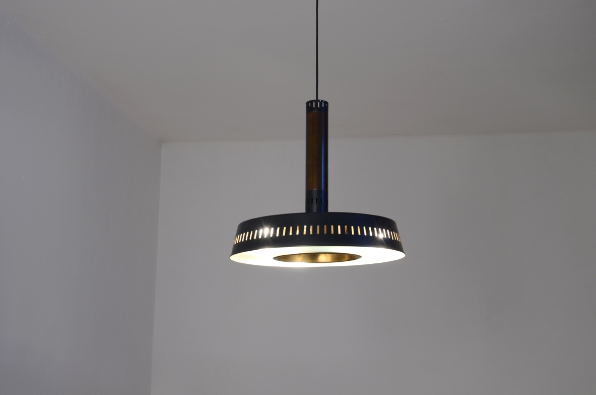 Stilnovo, rare 1960's ceiling lamp in brass, polished metal and opaline glass.