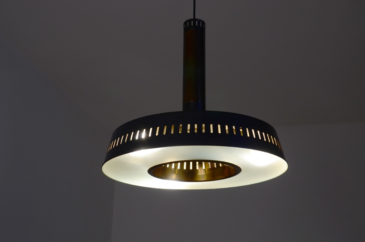 Stilnovo, rare 1960's ceiling lamp in brass, polished metal and opaline glass.