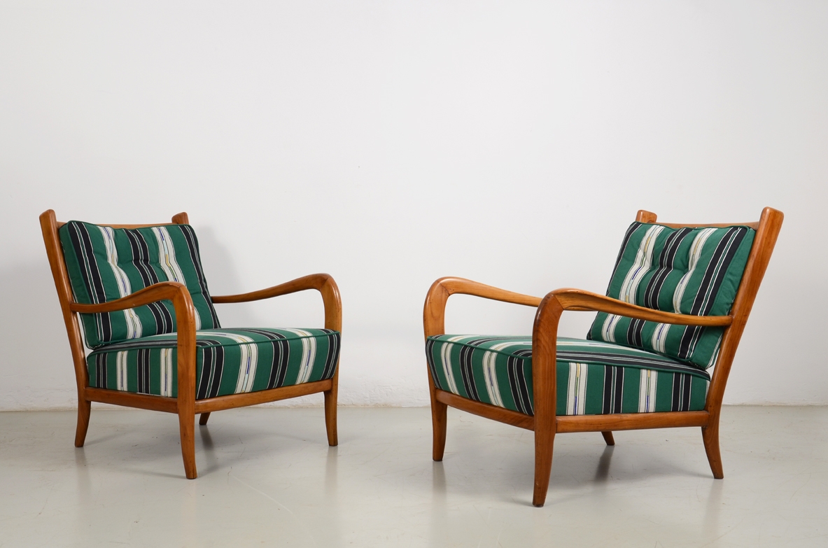 Paolo Buffa, pair of elegant armchairs in cherrywood, Italy 1940's.