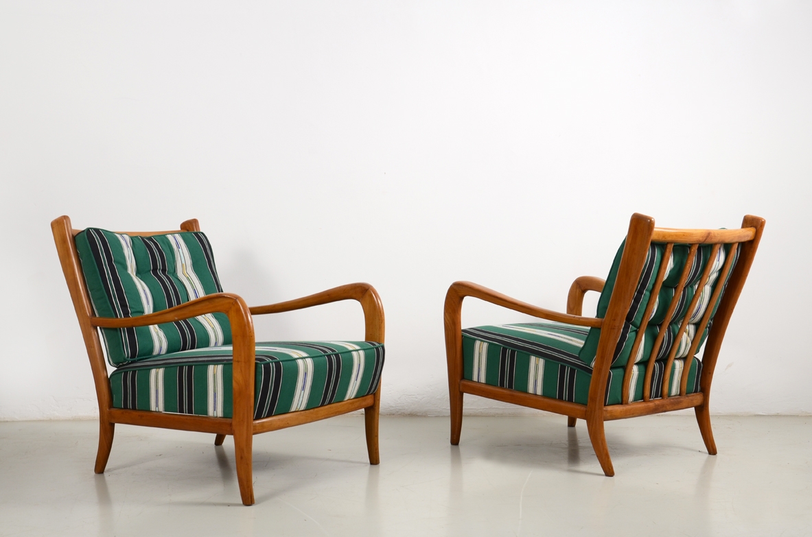 Paolo Buffa, pair of elegant armchairs in cherrywood, Italy 1940's.