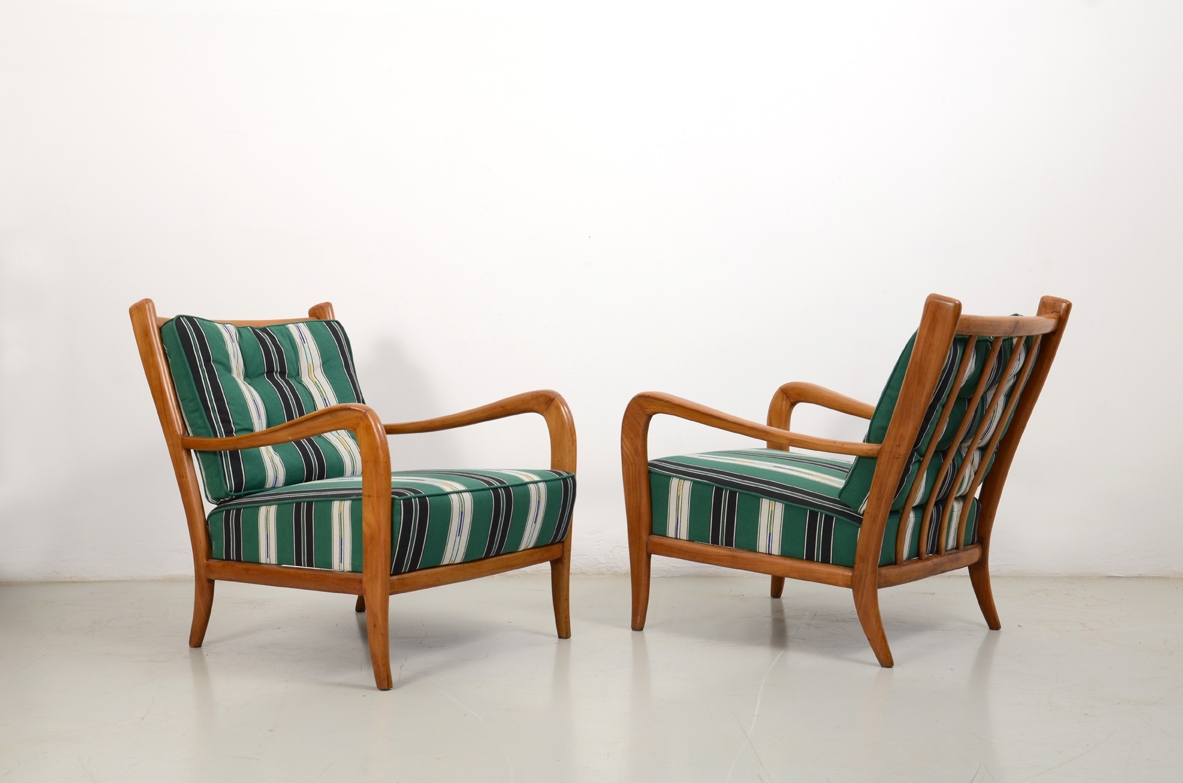 Paolo Buffa, pair of elegant armchairs in cherrywood, Italy 1940's.