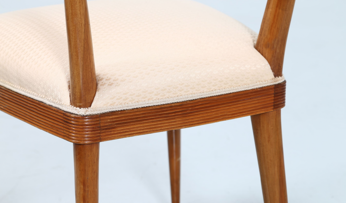 Group of six chairs in walnut wood with upholstered fabric seat