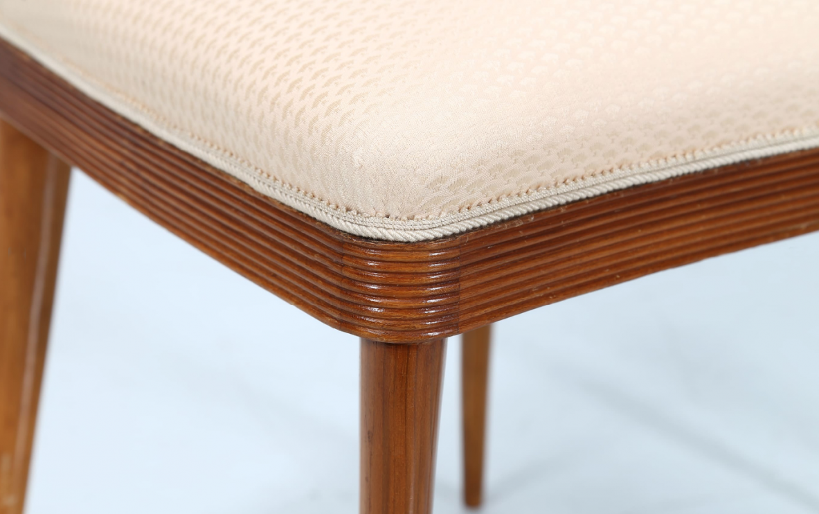 Group of six chairs in walnut wood with upholstered fabric seat
