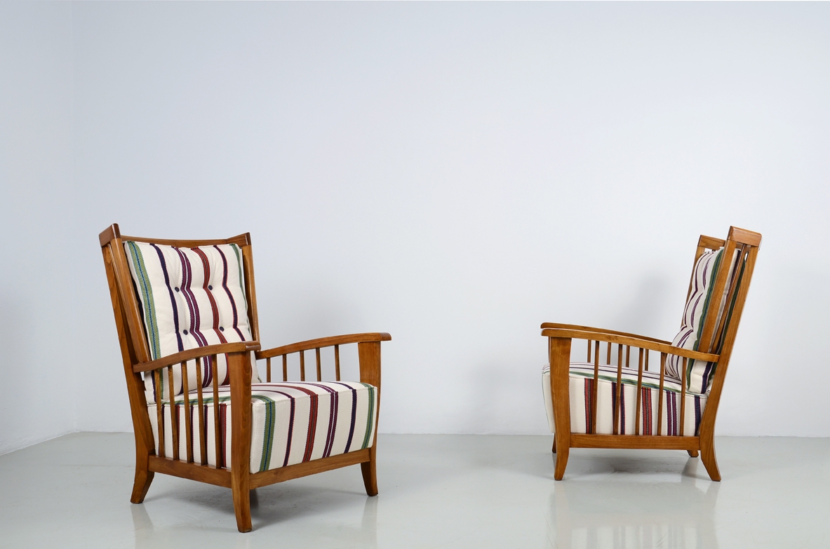 Maurizio Tempestini, very nice pair of 1950's high back armchairs in oak wood with upholstery.