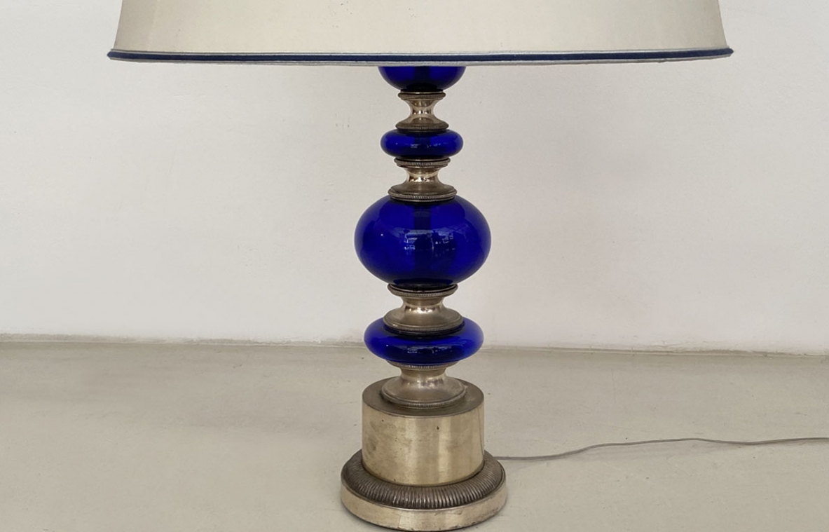 Gaetano Sciolari for Stilnovo, 1960's table lamp in blue glass and silverplate with silk top. Signed on bottom.