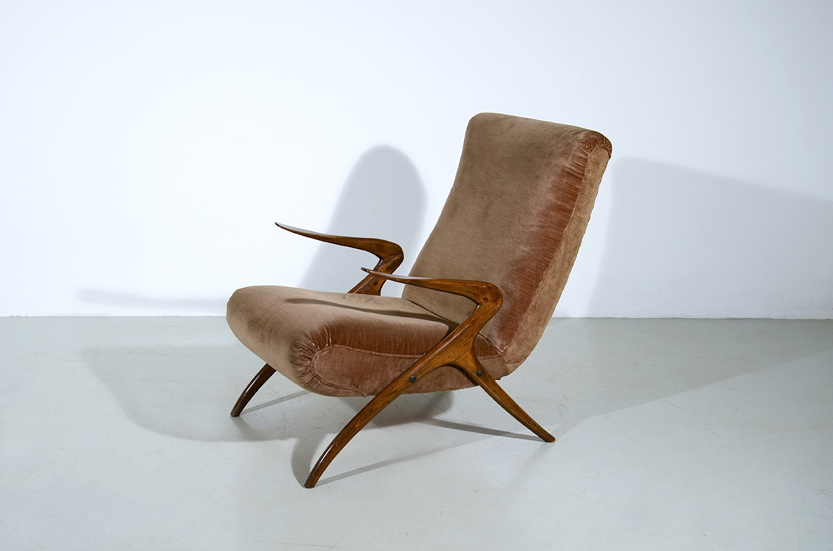 Reading armchair with wood structure and light brown upholstery, 1950's