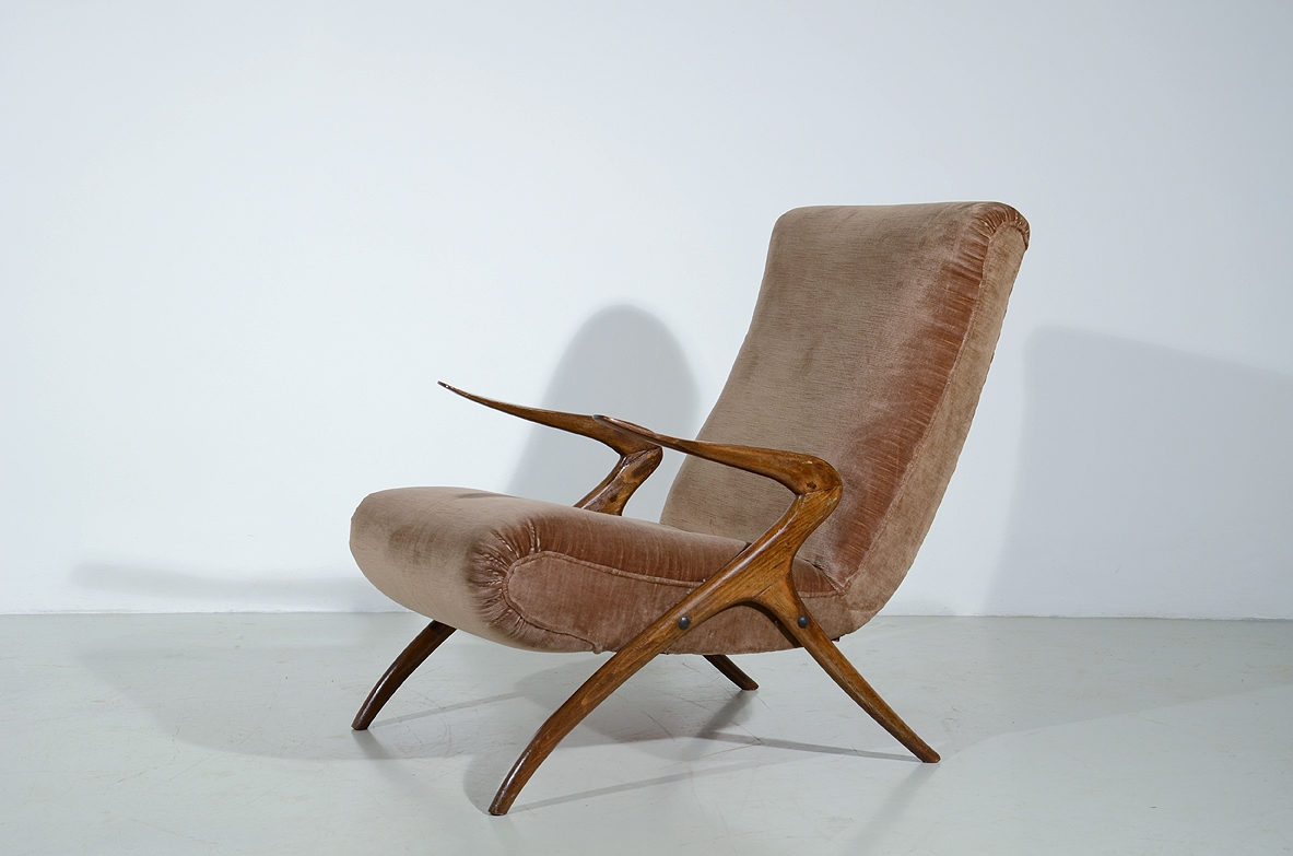 Reading armchair with wood structure and light brown upholstery, 1950's
