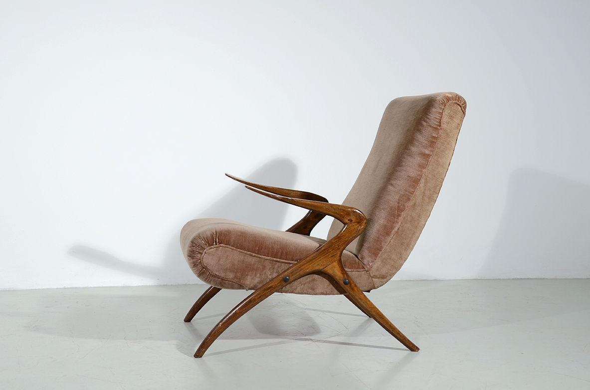 Reading armchair with wood structure and light brown upholstery, 1950's