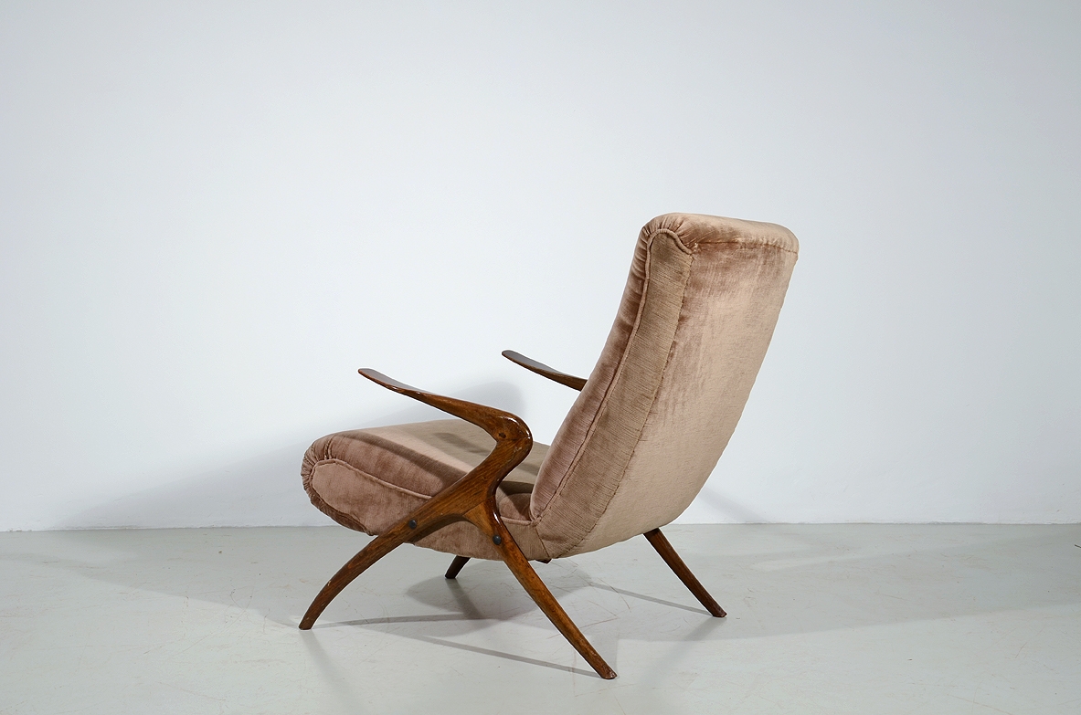 Reading armchair with wood structure and light brown upholstery, 1950's