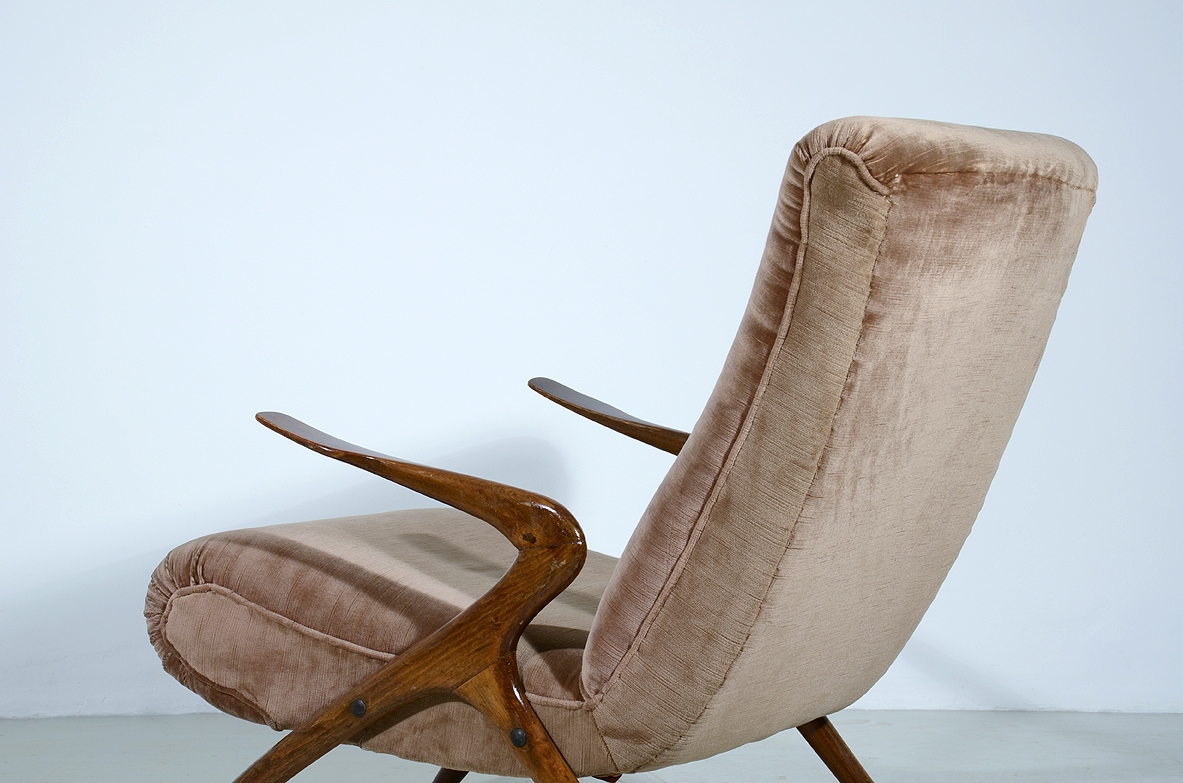 Reading armchair with wood structure and light brown upholstery, 1950's