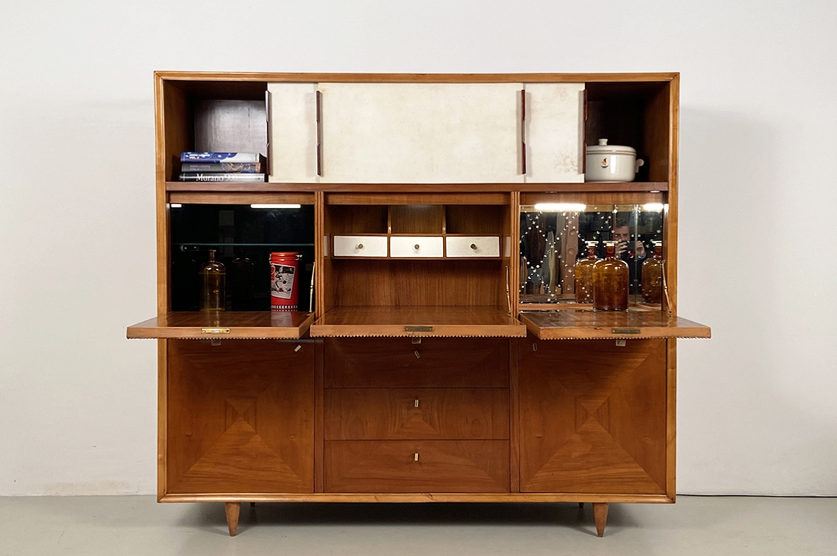 Italian vintage high cabinet with drawers and bar storage, 1940's