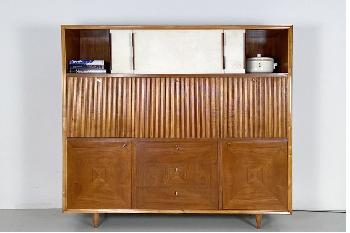 Italian vintage high cabinet with drawers and bar storage, 1940's