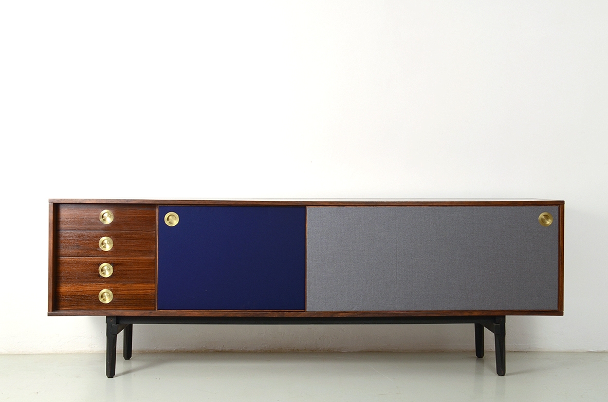 Stildomus, unique sideboard in macassar wood with drawers and brass handles, front covered with wool fabrick, Italy 1960's.