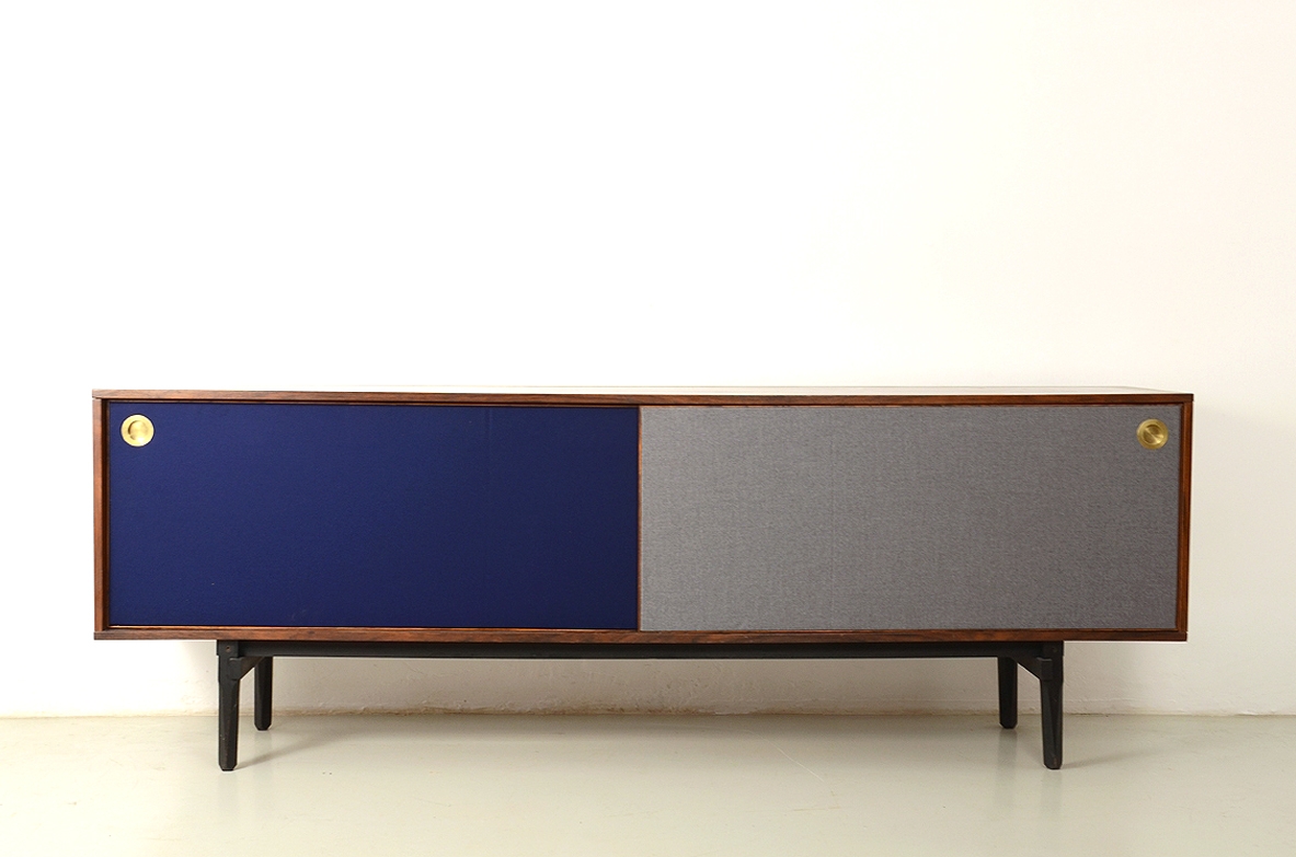 Stildomus, unique sideboard in macassar wood with drawers and brass handles, front covered with wool fabrick, Italy 1960's.