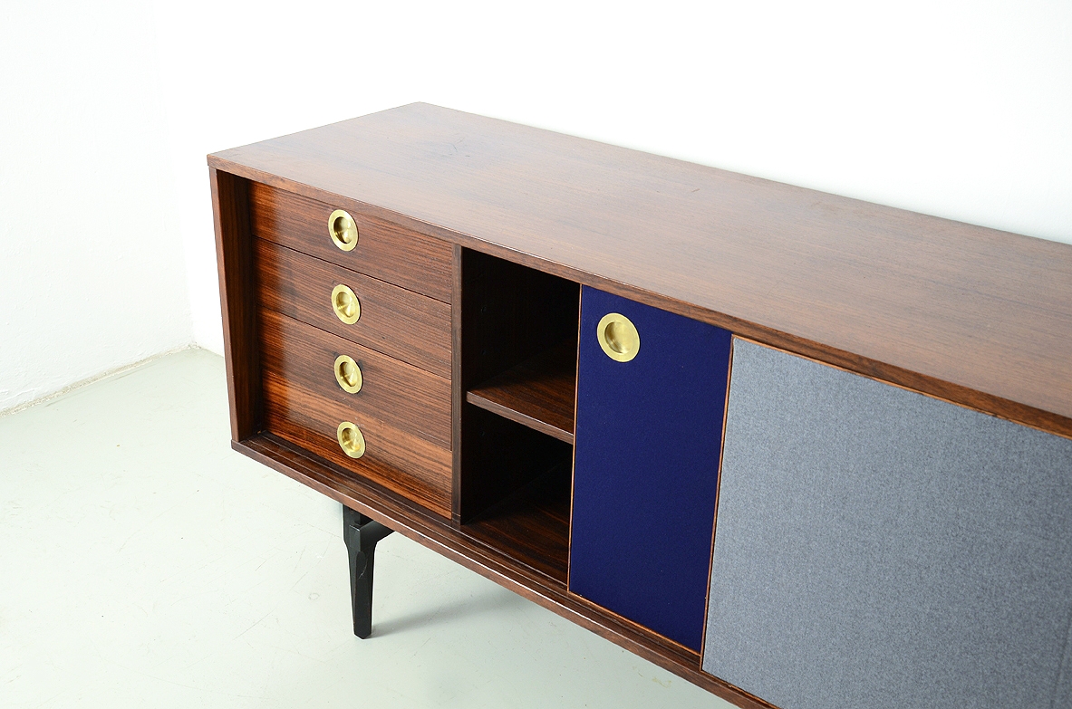 Stildomus, unique sideboard in macassar wood with drawers and brass handles, front covered with wool fabrick, Italy 1960's.