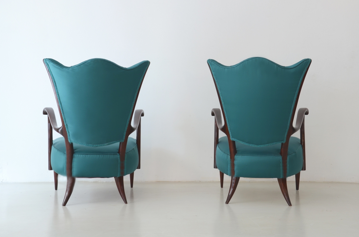 Pair of unique and elegant armchairs upholstered with a beautiful green/blue satin fabric, Italy 1950’s.