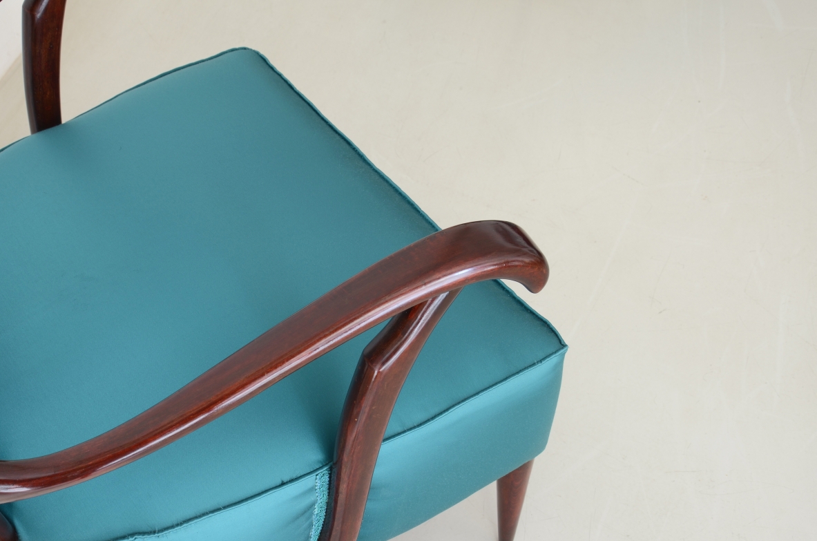 Pair of unique and elegant armchairs upholstered with a beautiful green/blue satin fabric, Italy 1950’s.