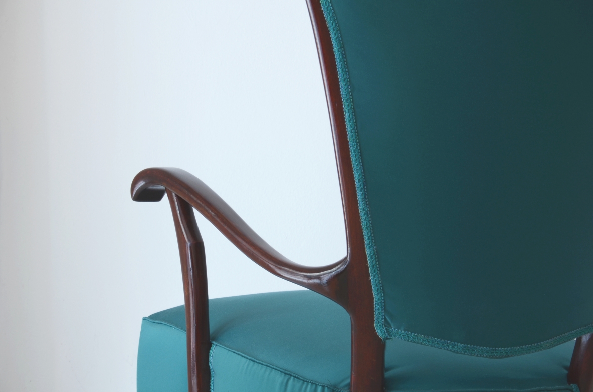 Pair of unique and elegant armchairs upholstered with a beautiful green/blue satin fabric, Italy 1950’s.