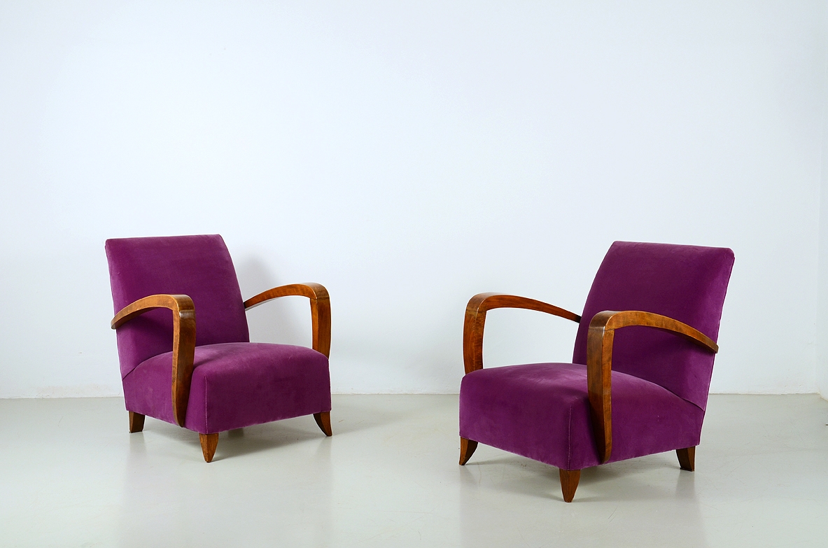 Pair of armchairs with armrests in walnut and velvet upholstery. Italy 1940's.