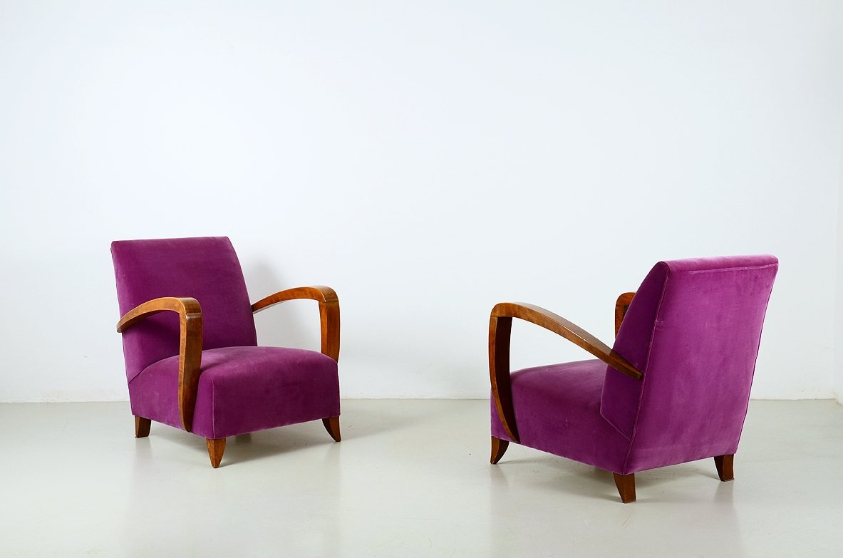 Pair of armchairs with armrests in walnut and velvet upholstery. Italy 1940's.