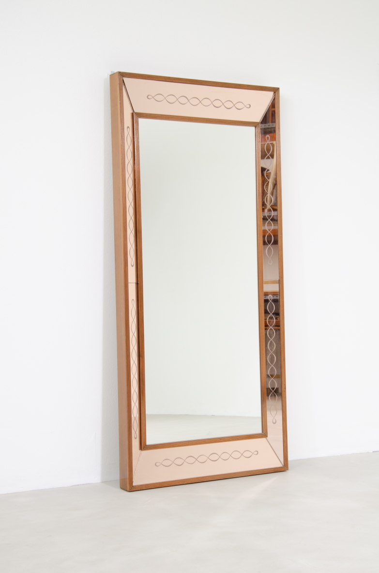Italian 1940's mirror in a light powder color with nice serpentine ingravings.
