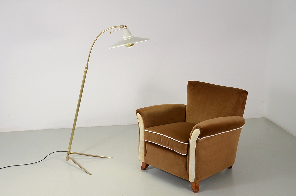 Armchair and coordinated pouf with brown velvet upholstery, Italy 1940's.