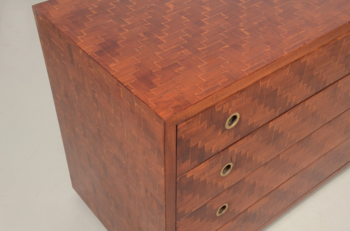 Italian 1970's chest of drawers with geometric inlays.