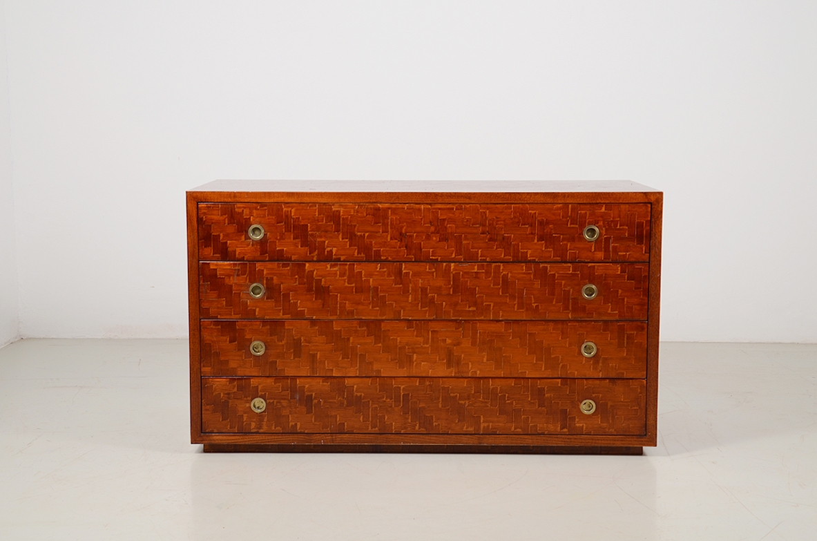 Italian 1970's chest of drawers with geometric inlays.