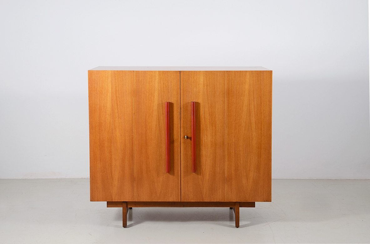 Ultra-functional office or smart-working cabinet in oak wood with various compartments, drawers and a pull-out writing desk. Italiy 1960's.