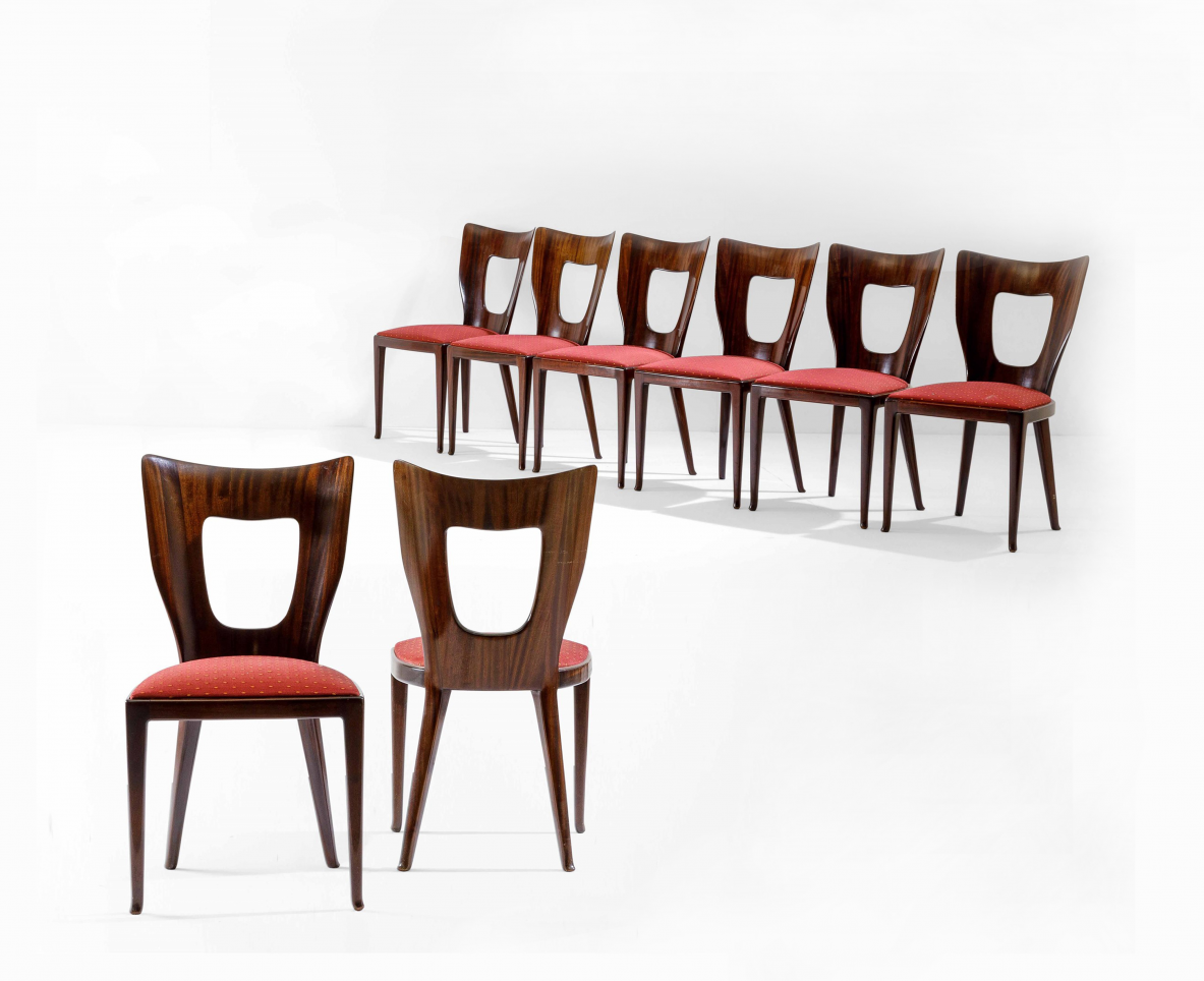 Osvaldo Borsani, 8 sedute in legno e tessuto prod. ABV Arredamenti Borsani Varedo, Italia, 1950ca.