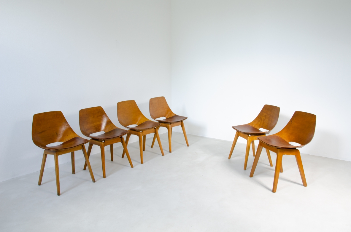 Pierre Gauriche, set di 6 sedute modello Amsterdam in legno curvato. Prod. Steiner, Francia 1950ca.