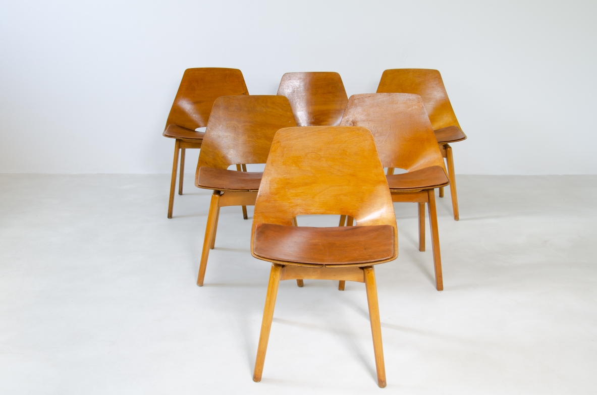 Pierre Gauriche, set di 6 sedute modello Amsterdam in legno curvato. Prod. Steiner, Francia 1950ca.