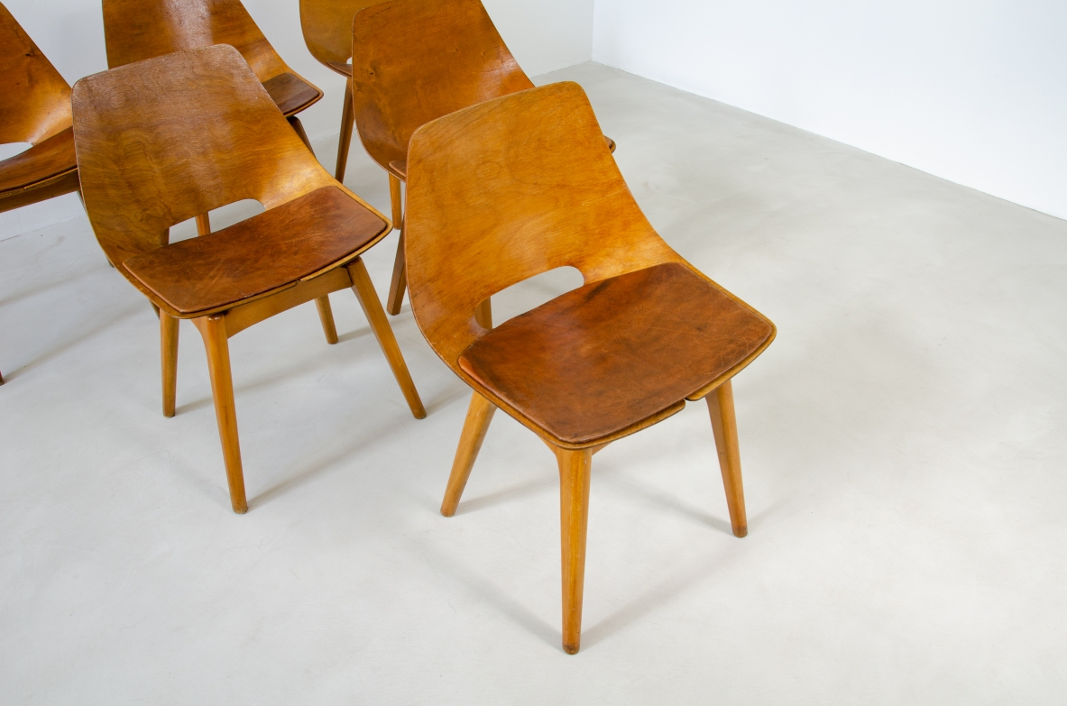 Pierre Gauriche, set di 6 sedute modello Amsterdam in legno curvato. Prod. Steiner, Francia 1950ca.